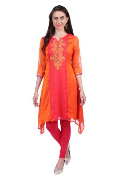 Shwetambara Poly Georgette Embroidered Orange Kurti 01
