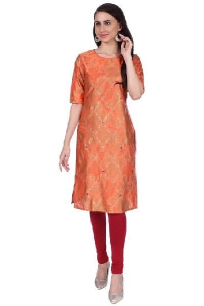 Shwetambara Milky Silk Gold Printed Straight Orange Kurti 01