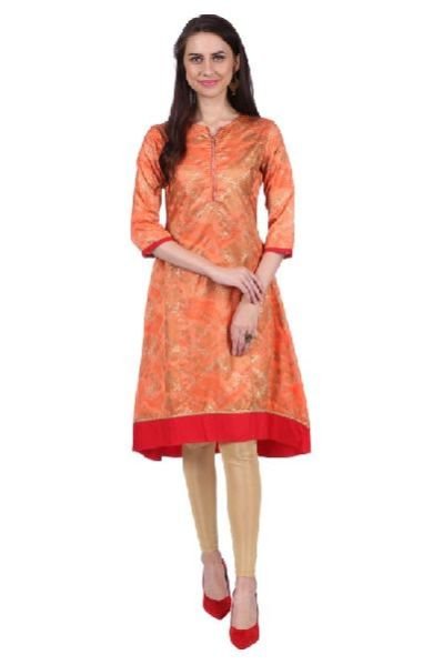 Shwetambara Milky Silk Gold Printed A Line Orange Kurti 01