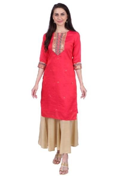 Shwetambara Silk Sraight Embroidered Dark Pink Kurti 01