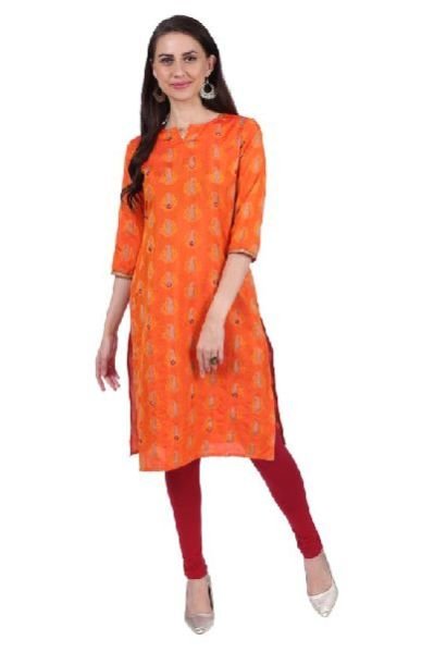 Shwetambara Jaquard Silk Mirror Work Orange Kurti 01