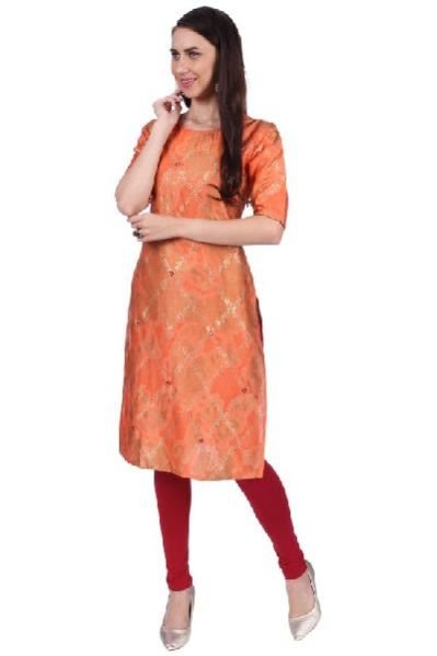 Shwetambara Milky Silk Gold Printed Straight Orange Kurti 02