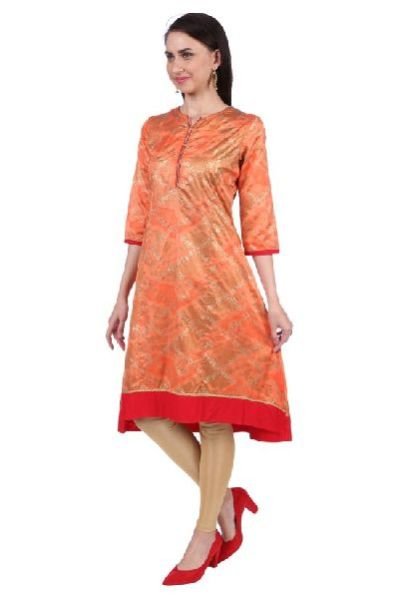 Shwetambara Milky Silk Gold Printed A Line Orange Kurti 02