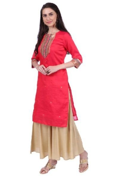 Shwetambara Silk Sraight Embroidered Dark Pink Kurti 02