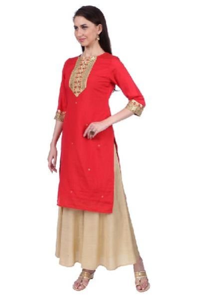 Shwetambara Silk Sraight Embroidered Red Kurti 02