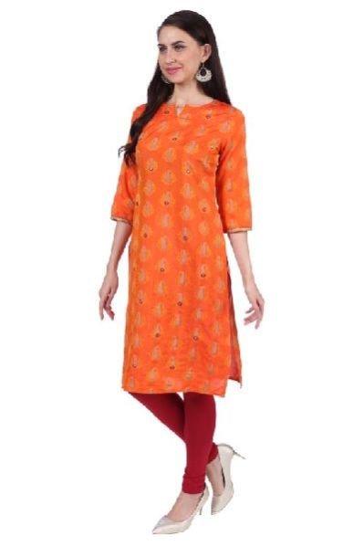 Shwetambara Jaquard Silk Mirror Work Orange Kurti 02