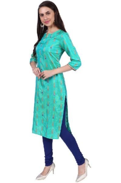 Shwetambara Jaquard Silk Mirror Work Green Kurti 02