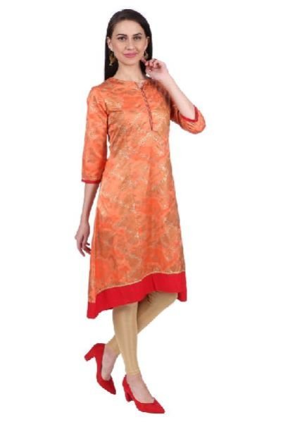 Shwetambara Milky Silk Gold Printed A Line Orange Kurti 03