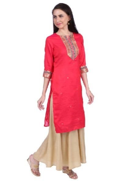 Shwetambara Silk Sraight Embroidered Dark Pink Kurti 03