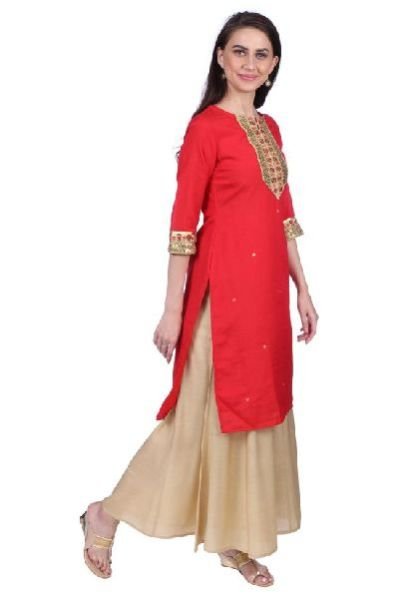 Shwetambara Silk Sraight Embroidered Red Kurti 03
