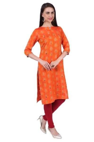 Shwetambara Jaquard Silk Mirror Work Orange Kurti 03