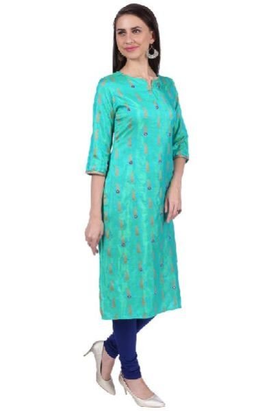 Shwetambara Jaquard Silk Mirror Work Green Kurti 03