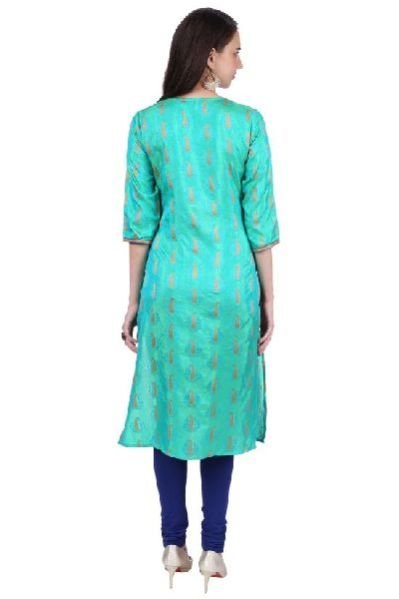 Shwetambara Jaquard Silk Mirror Work Green Kurti 04