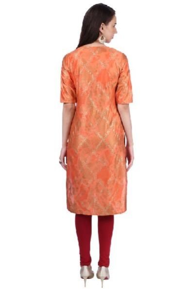 Shwetambara Milky Silk Gold Printed Straight Orange Kurti 04