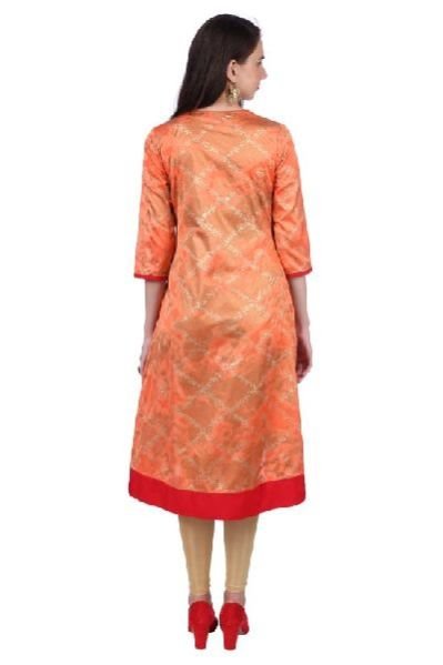 Shwetambara Milky Silk Gold Printed A Line Orange Kurti 04