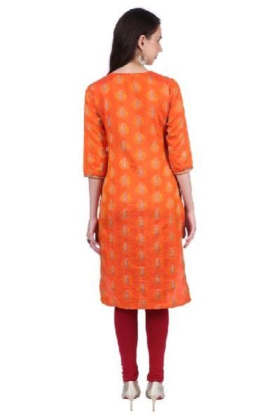 Shwetambara Jaquard Silk Mirror Work Orange Kurti 04