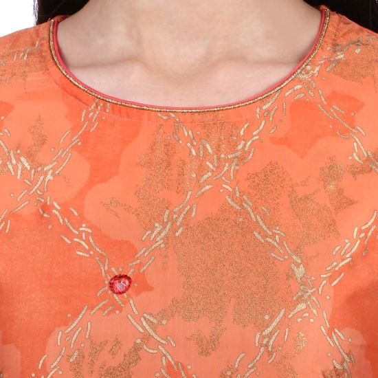 Shwetambara Milky Silk Gold Printed Straight Orange Kurti 06