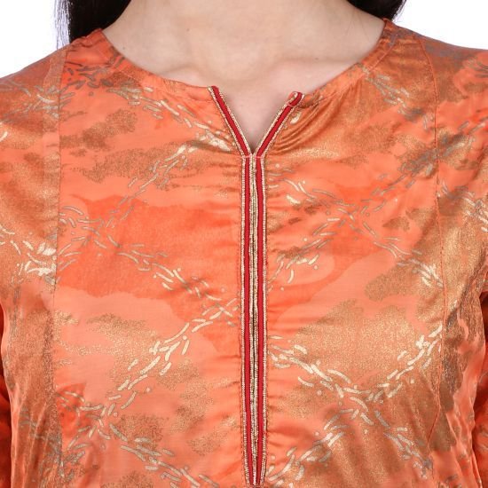 Shwetambara Milky Silk Gold Printed A Line Orange Kurti 05