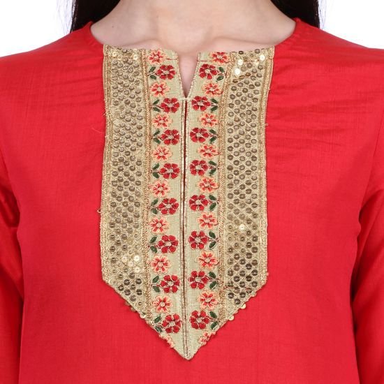 Shwetambara Silk Sraight Embroidered Red Kurti 05