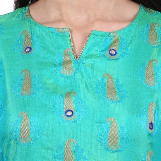 Shwetambara Jaquard Silk Mirror Work Green Kurti 05