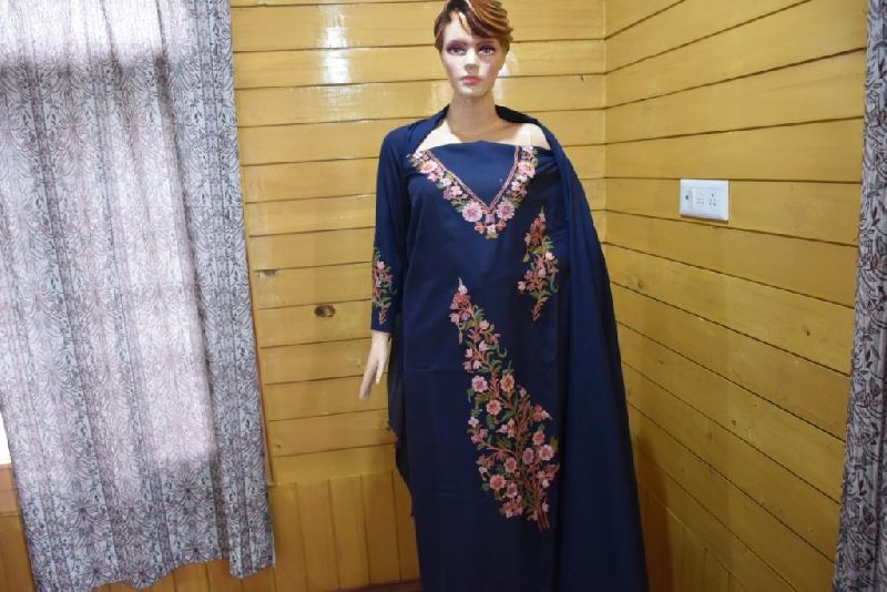 Blue Kashmiri Embroidered Unstitched Suit Fabric 01