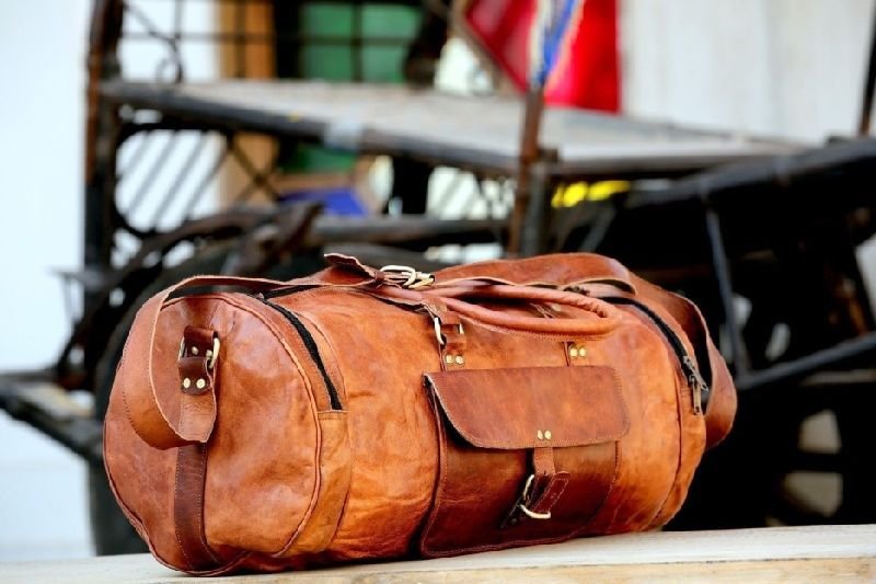 Handmade Leather Round Duffel Travel Weekender Gym Bag