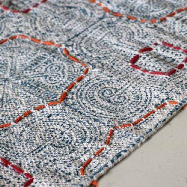 Vintage Blue Hand Printed Cotton Rug 01