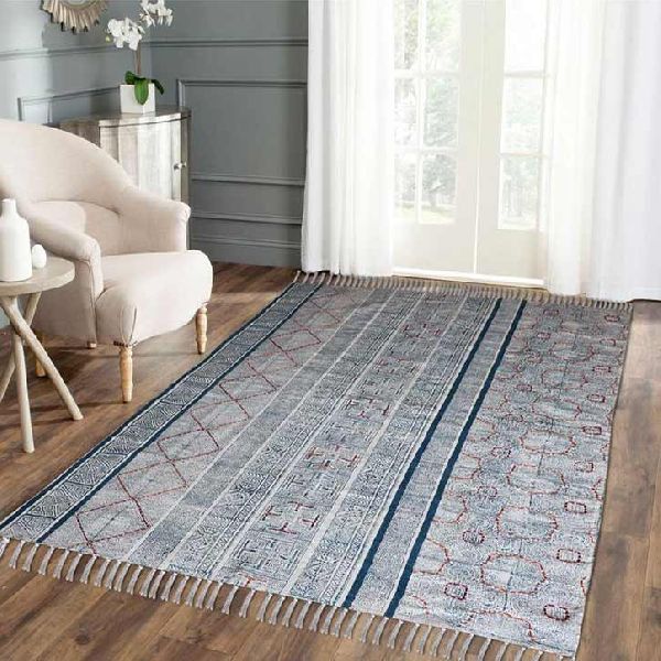 Vintage Blue Hand Printed Cotton Rug 03