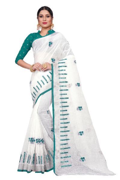 SBT 481 Flower Mirror Blue Linen Sarees