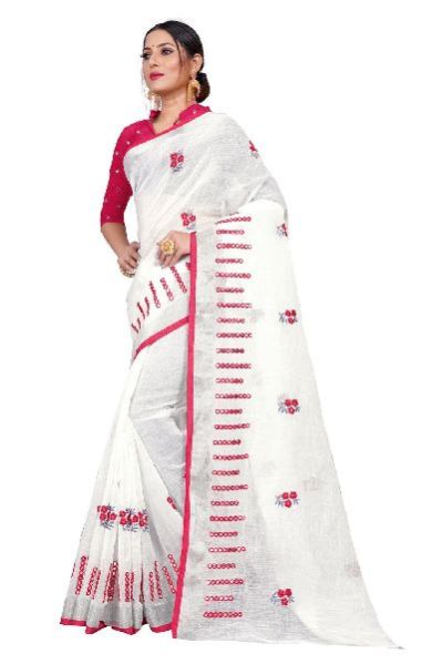 SBT 481 Flower Mirror Dark Pink Linen Sarees