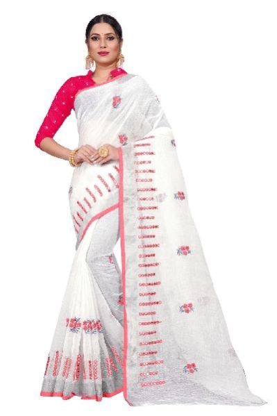 SBT 481 Flower Mirror Light Pink Linen Sarees