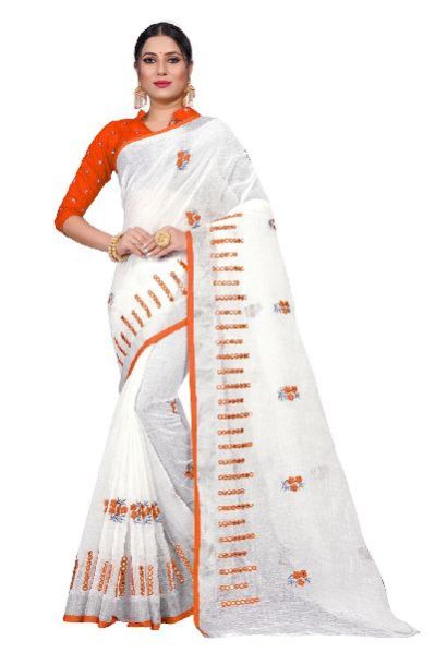 SBT 481 Flower Mirror Orange Linen Sarees