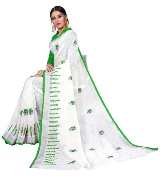 SBT 481 Flower Mirror Parrot Green Linen Sarees