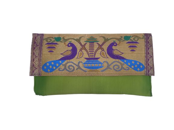Paithani Big Flat Purse Parrot Green