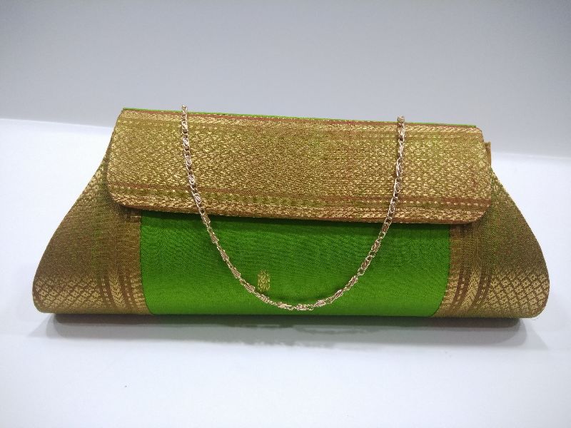 Pure Paithani Damaru Clutch Parrot Green