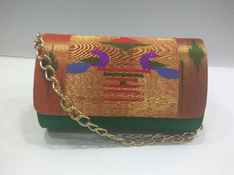 Pure Paithani Round Box Clutch Bottle Green