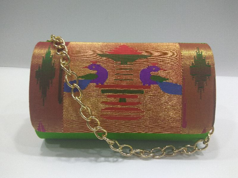Pure Paithani Round Box Clutch Parrot Green