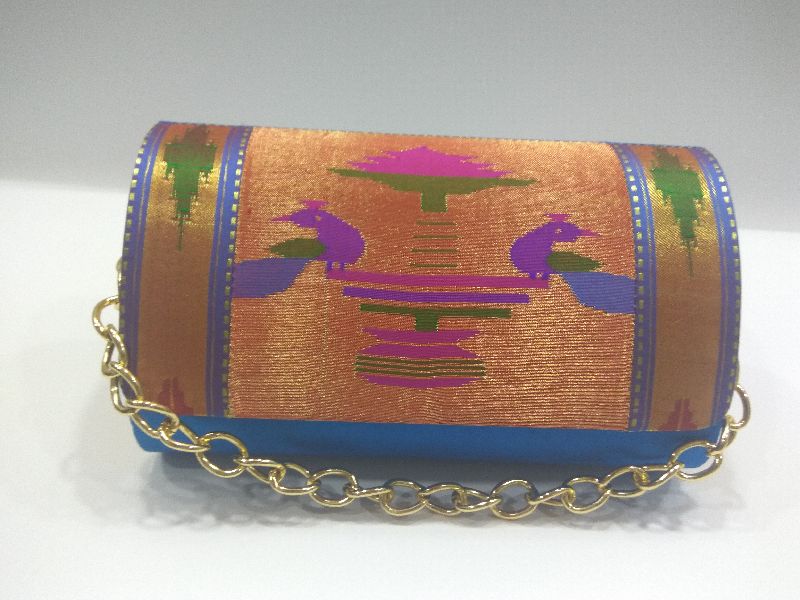 Pure Paithani Round Box Clutch Sky Blue