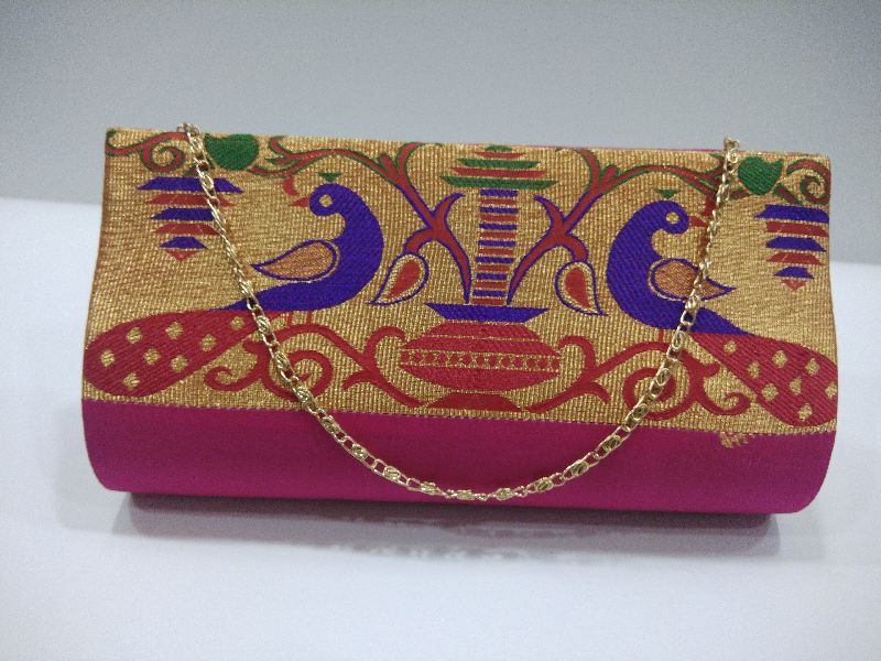 Small Semi Paithani Clutch Dark Pink