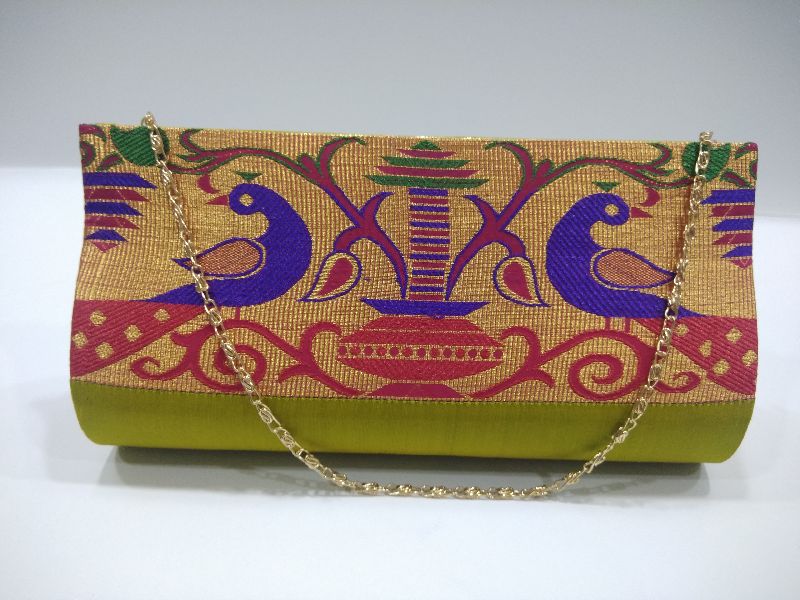 Small Semi Paithani Clutch Parrot Green