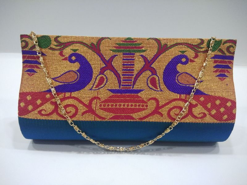 Small Semi Paithani Clutch Peacock Green