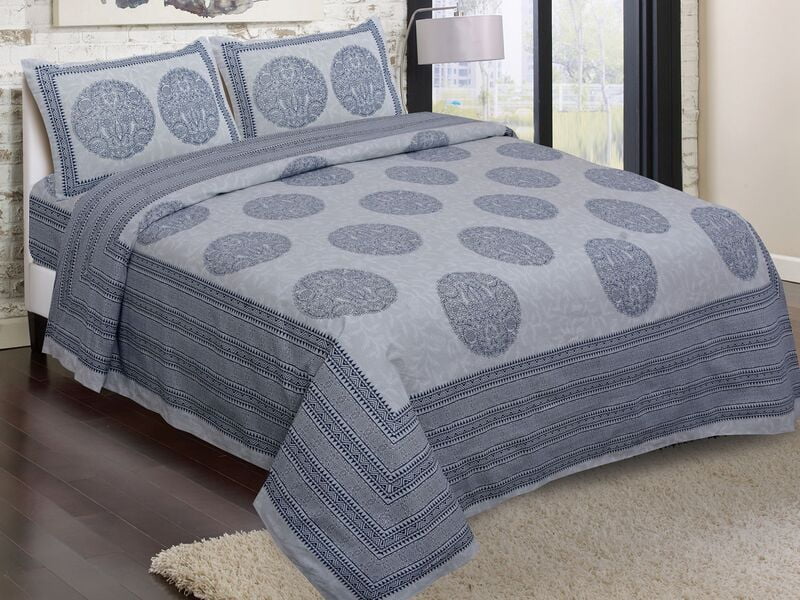 Grey Base Circular Floral Print Black Border King size Double Bedsheet