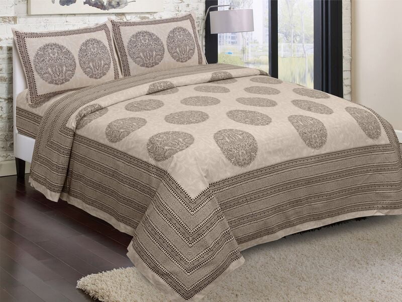 Cream Base Circular Floral Print Brown Border King size Double Bedsheet