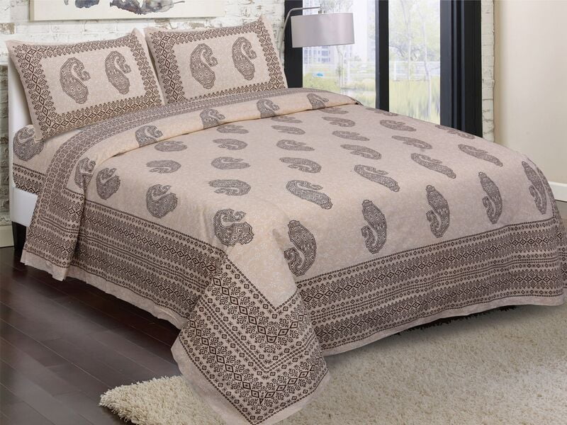 Cream Base Olive Floral Print Brown Border King size Double Bedsheet