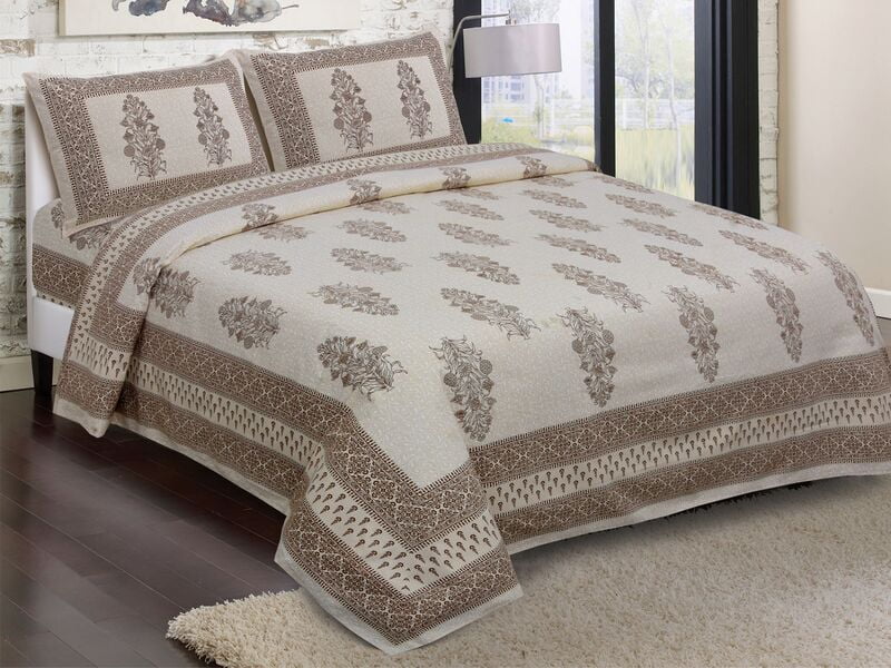 Cream Base Vase Pattern Brown Border King size Double Bedsheet