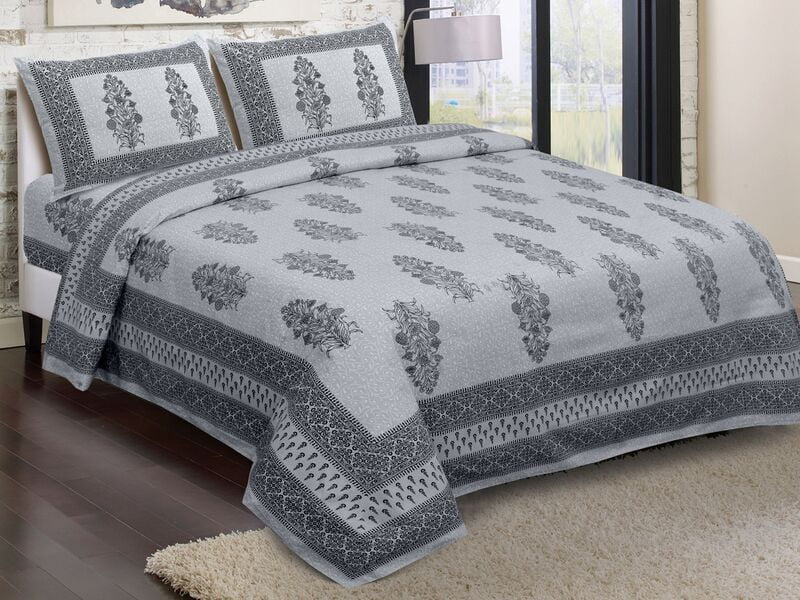 Grey Base Black Floral Print Fine Border King size Double Bedsheet
