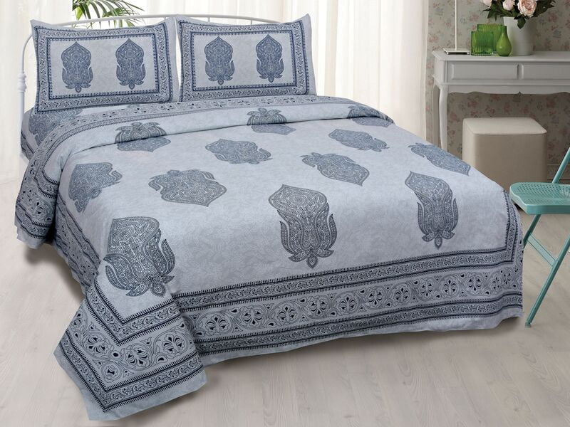 Blue Hand Print With Grey Base Border Cotton Double Bedsheet
