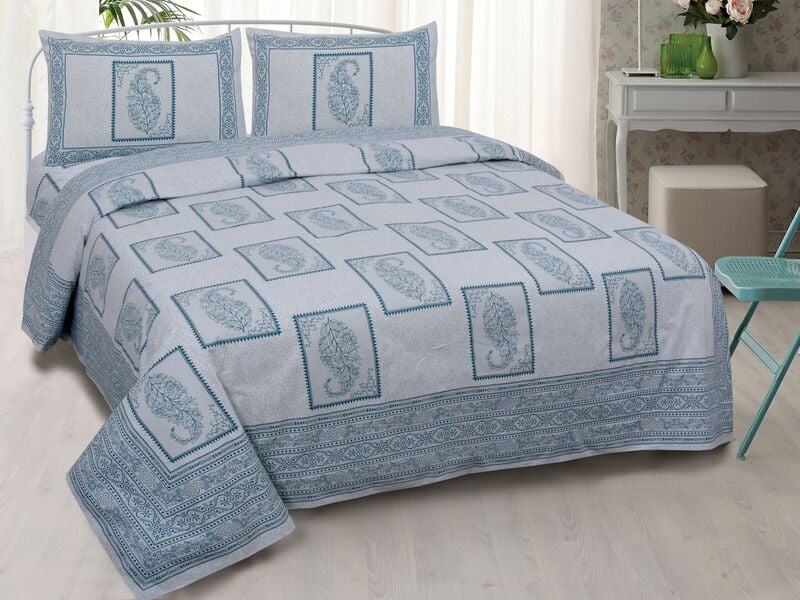 Green Square Olive Print Fine Border King size Double Bedsheet