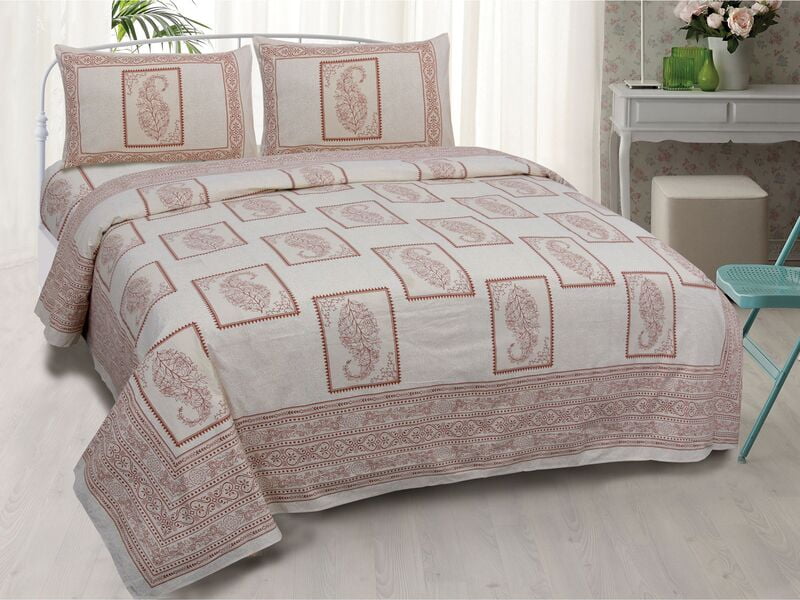 Brwon Square Olive Print Fine Border King size Double Bedsheet