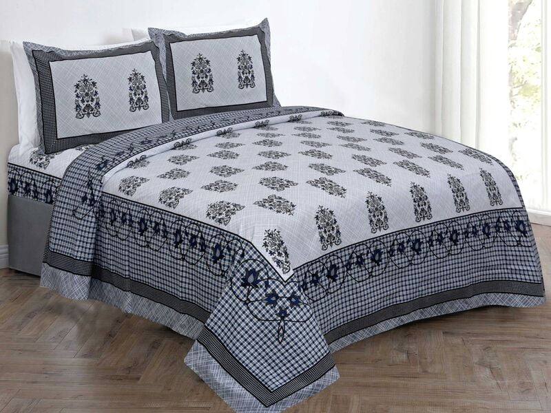White Base Green Pigment Check Floral Border Cotton Double Bedsheet